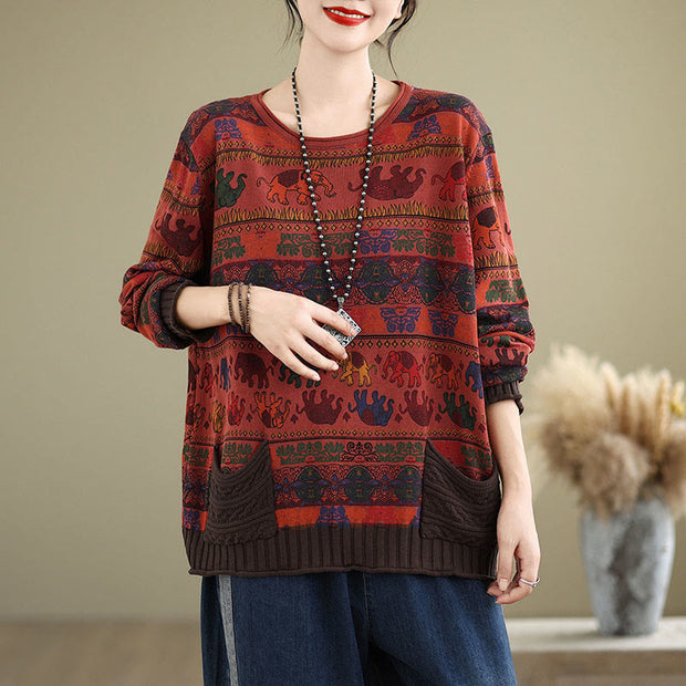 Buddha Stones Fall Elephant Pattern Knitted Cotton Women's Long Sleeve Sweater With Pockets - FireBrick - US4-6，UK/AU8-19，EU36-38(F) - image 19