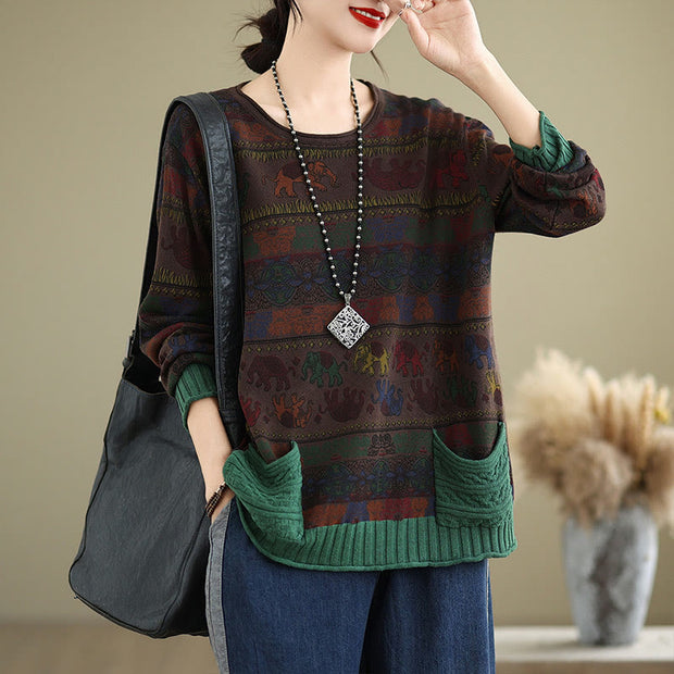 Buddha Stones Fall Elephant Pattern Knitted Cotton Women's Long Sleeve Sweater With Pockets - SaddleBrown - US4-6，UK/AU8-19，EU36-38(F) - image 13