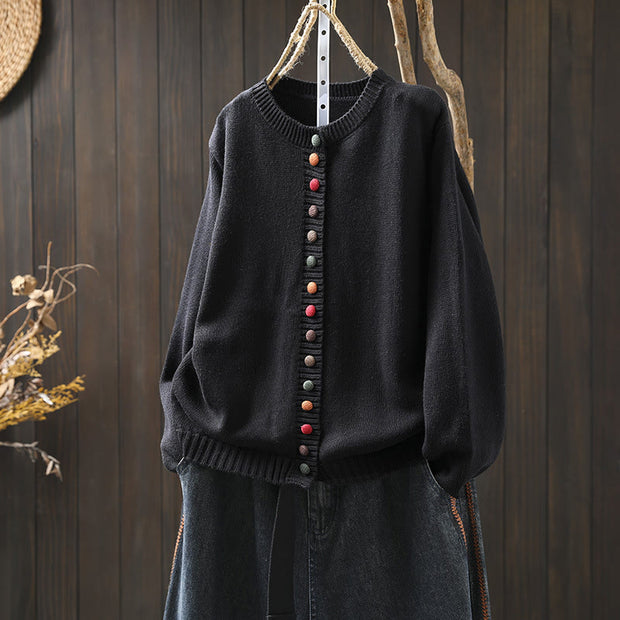 Buddha Stones Plain Knitted Colorful Buttons Design Cotton Women's Long Sleeve Cardigan Sweater - Black - US4-6，UK/AU8-19，EU36-38(F) - image 2