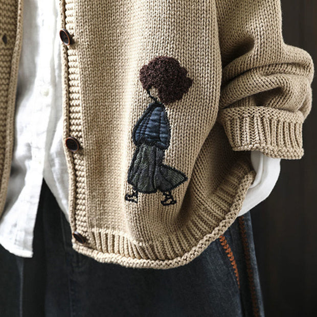 Buddha Stones Patchwork Figure Pattern Buttons Cotton Women's Long Sleeve Cardigan Sweater - image 4