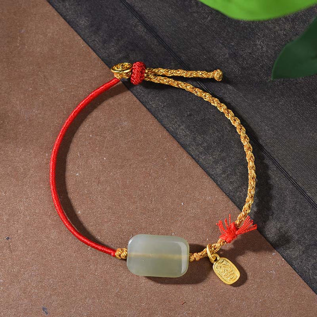 Buddha Stones 925 Sterling Silver Hetian Jade Prosperity Bracelet - Hetian Jade & Red String(Wrist Circumference: 15-18cm) - image 0