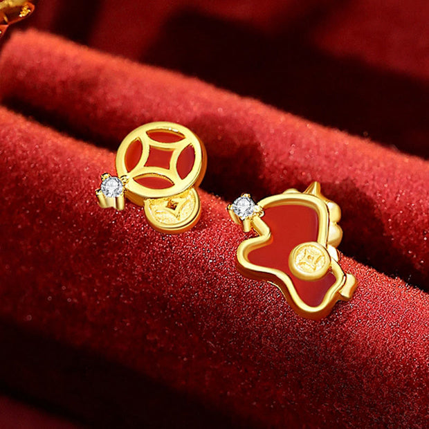 Buddha Stones 925 Sterling Silver Year Of The Horse Coin Charm Red Agate Blessing Necklace Pendant - Golden Horse Earrings - image 18