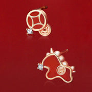 Buddha Stones 925 Sterling Silver Coin Red Agate Year Of The Horse Asymmetric Protection Earrings - image 1
