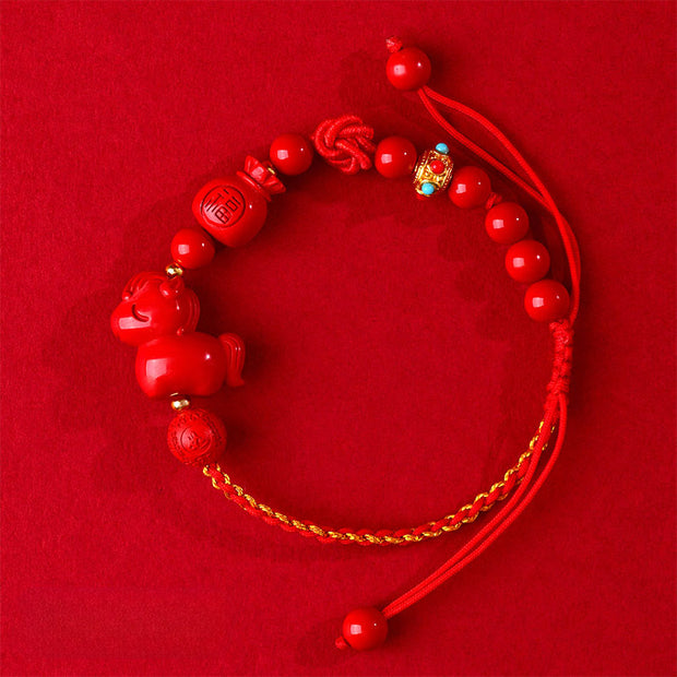 Buddha Stones Year of the Horse Natural Cinnabar Fu Character Lucky Bag Blessing Bracelet - image 2