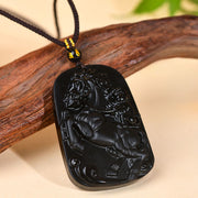 Buddha Stones Year of the Horse Natural Black Obsidian Strength Necklace Pendant - image 1