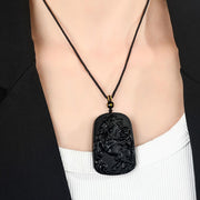 Buddha Stones Year of the Horse Natural Black Obsidian Strength Necklace Pendant - image 4