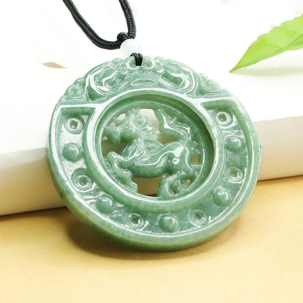Buddha Stones Year of the Horse Round Jade Luck Rope Necklace Pendant - image 1
