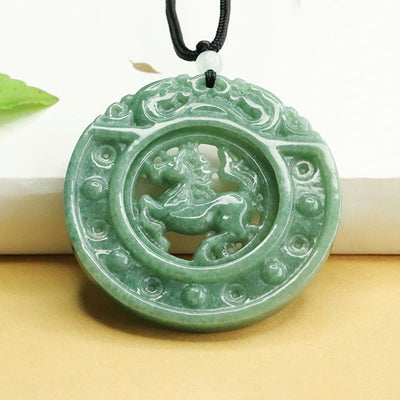 Buddha Stones Year of the Horse Round Jade Luck Rope Necklace Pendant - Horse - image 0