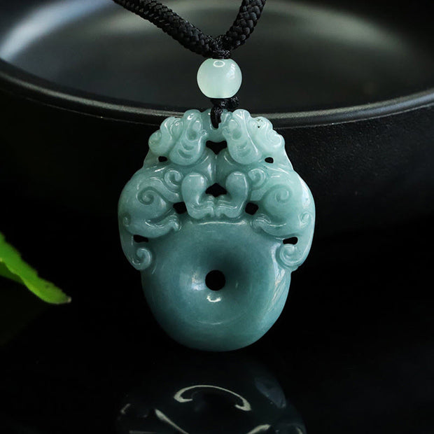 Buddha Stones Double PiXiu Jade Peace Buckle Wealth Luck String Necklace Pendant - image 2