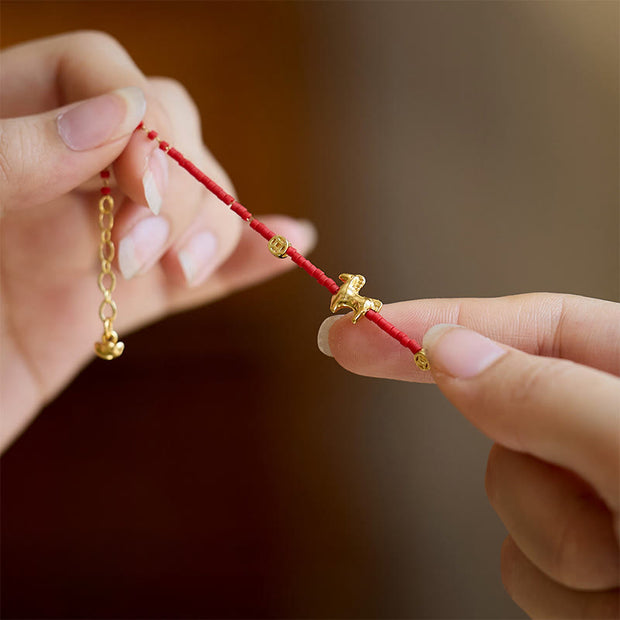 Buddha Stones 925 Sterling Silver Plated Gold Year of the Horse Red Liuli Glass Buddha Prosperity Bracelet - image 5