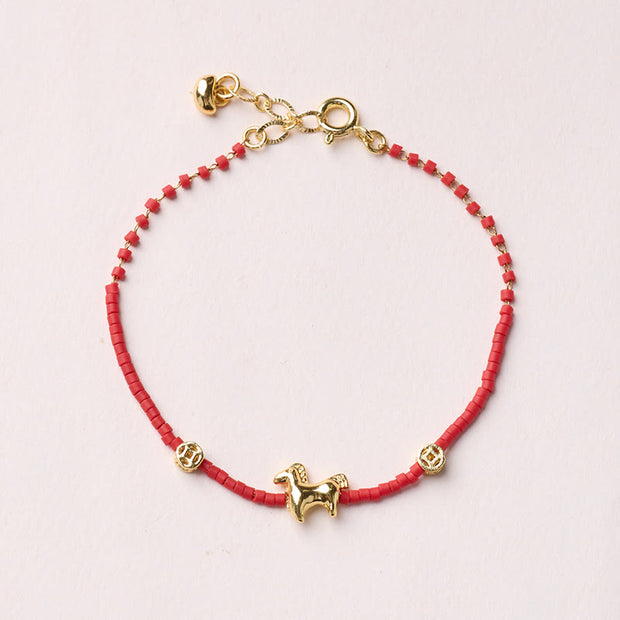 Buddha Stones 925 Sterling Silver Plated Gold Year of the Horse Red Liuli Glass Buddha Prosperity Bracelet - Horse Bracelet - image 1