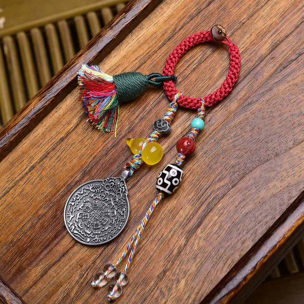 Buddha Stones Chinese Zodiac Nine Palaces Eight Diagrams Buddha Dzi Bead Serenity Key Chain - Black White Dzi Bead - image 2