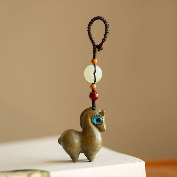 Buddha Stones Year of the Horse Small Leaf Red Sandalwood Green Sandalwood Ebony Wood Calm Key Chain - Green Sandalwood - Button Rope - image 8