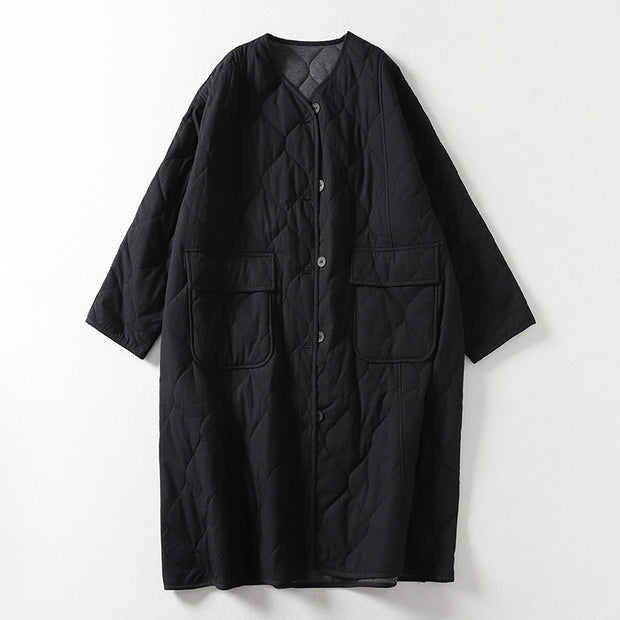 Buddha Stones Plain Buttons V-Neck Long Sleeve Women's Cotton Coat With Pockets - Black - US14，UK/AU18，EU46 (2XL) - image 5