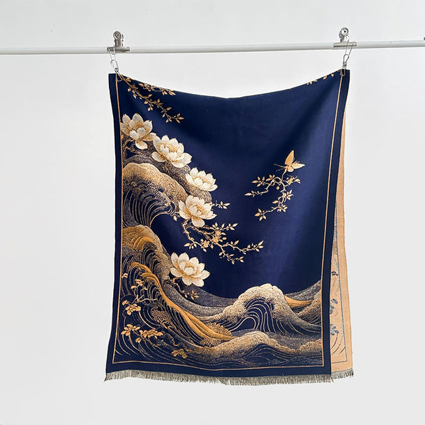 Buddha Stones Fall Lotus Flowers Ocean Waves Pattern Soft Scarf Tassel Shawl - Navy - 185*65cm - image 9