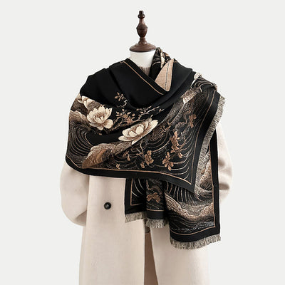 Buddha Stones Fall Lotus Flowers Ocean Waves Pattern Soft Scarf Tassel Shawl - Black - 185*65cm - image 0