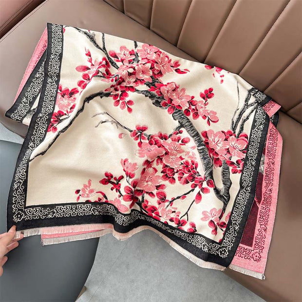Buddha Stones Fall Peach Blossoms Branches Pattern Soft Scarf Shawl - Beige - 180*65 cm - image 3
