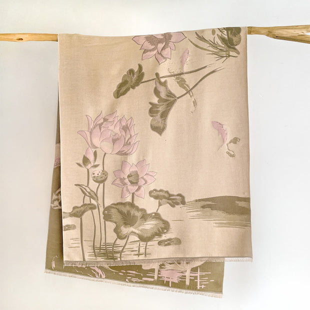 Buddha Stones Fall Lotus Koi Fish Dragonfly Pattern Cozy Scarf Shawl - AntiqueWhite - 180*65 cm - image 12