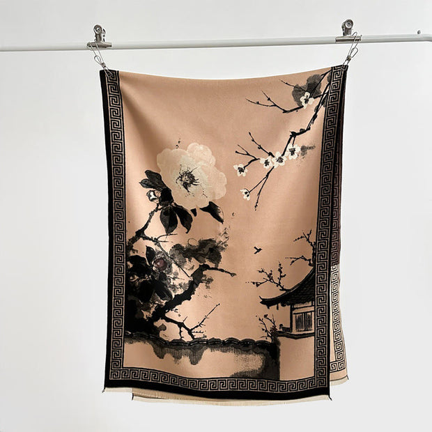 Buddha Stones Fall Plum Blossom Eaves Ink Painting Pattern Cozy Scarf Shawl - image 17