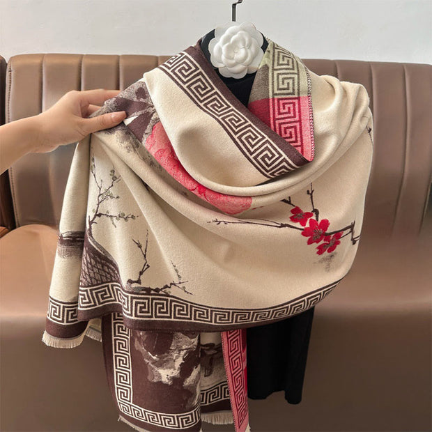 Buddha Stones Fall Plum Blossom Eaves Ink Painting Pattern Cozy Scarf Shawl - image 13