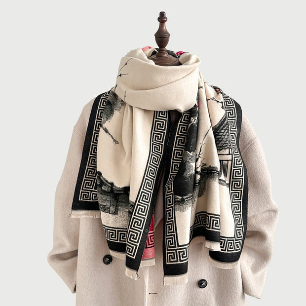 Buddha Stones Fall Plum Blossom Eaves Ink Painting Pattern Cozy Scarf Shawl - image 6