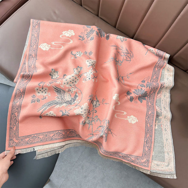 Buddha Stones Winter Birds Bamboo Leaves Vines Pattern Soft Scarf Shawl - image 2