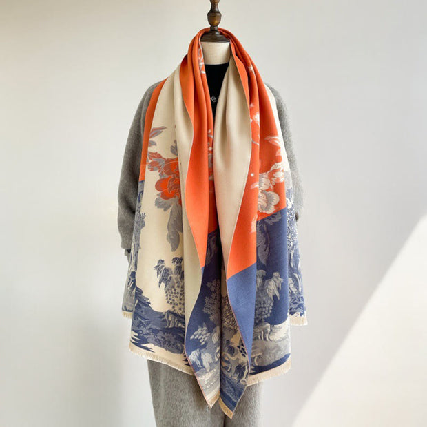 Buddha Stones Fall Flowers Trees Pavilion Pattern Cozy Scarf Shawl - Orange - 180*65cm - image 0