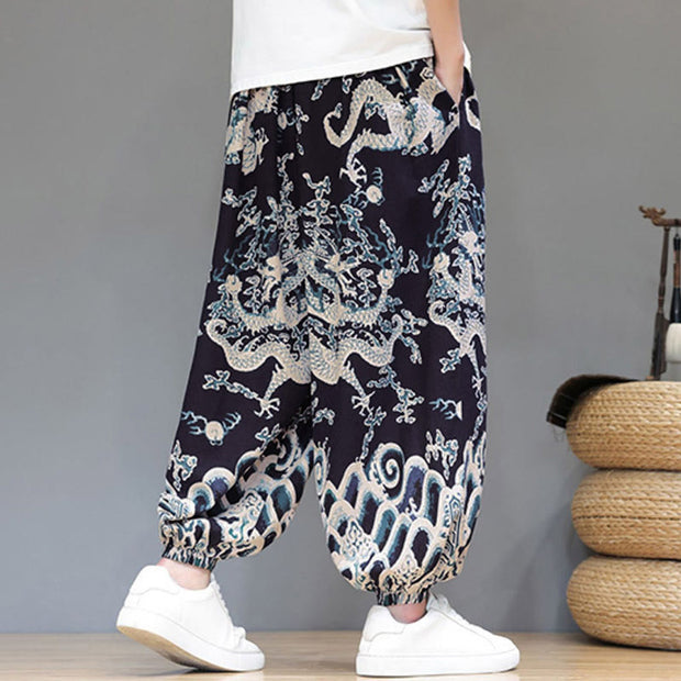 Buddha Stones Summer Dragon Drawstring Design Cotton Men's Harem Pants With Pockets - image 14