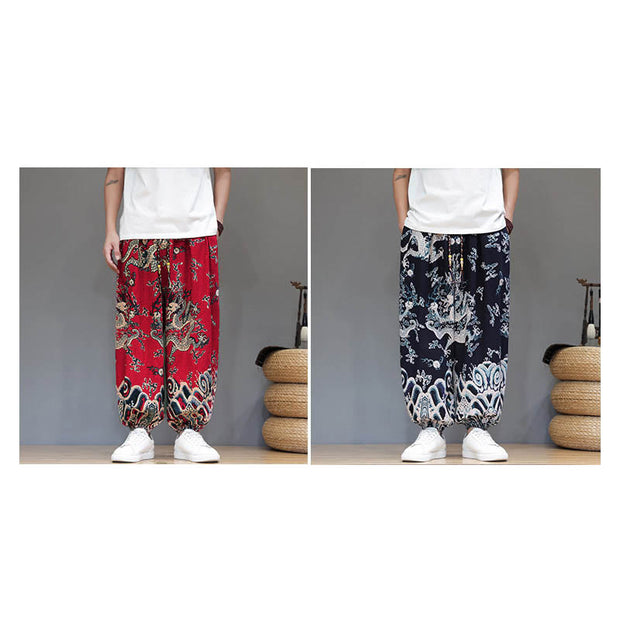 Buddha Stones Summer Dragon Drawstring Design Cotton Men's Harem Pants With Pockets - image 18