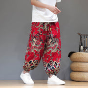 Buddha Stones Summer Dragon Drawstring Design Cotton Linen Men's Harem Pants With Pockets - image 7