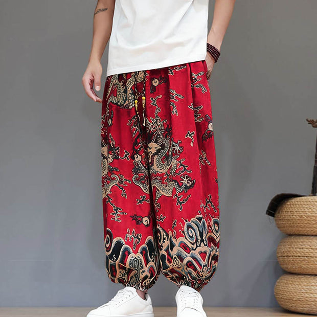 Buddha Stones Summer Dragon Drawstring Design Cotton Men's Harem Pants With Pockets - image 6