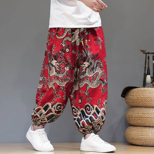 Buddha Stones Summer Dragon Drawstring Design Cotton Linen Men's Harem Pants With Pockets - image 5