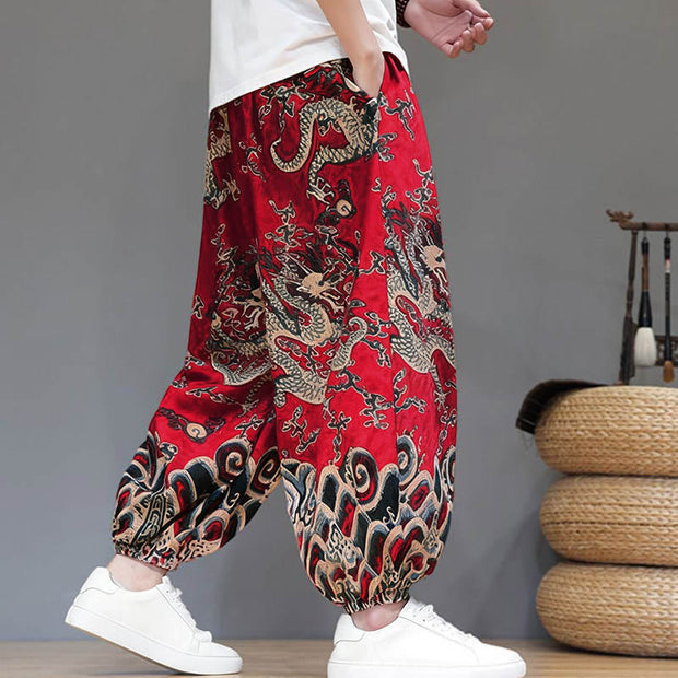 Buddha Stones Summer Dragon Drawstring Design Cotton Men's Harem Pants With Pockets - image 2