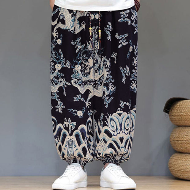 Buddha Stones Summer Dragon Drawstring Design Cotton Men's Harem Pants With Pockets - image 12
