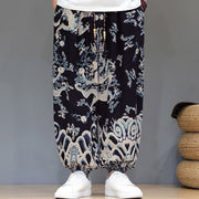 Buddha Stones Summer Dragon Drawstring Design Cotton Linen Men's Harem Pants With Pockets - image 12