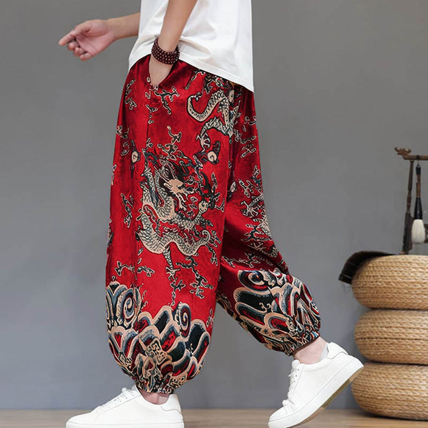 Buddha Stones Summer Dragon Drawstring Design Cotton Men's Harem Pants With Pockets - image 3