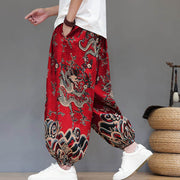Buddha Stones Summer Dragon Drawstring Design Cotton Linen Men's Harem Pants With Pockets - image 3