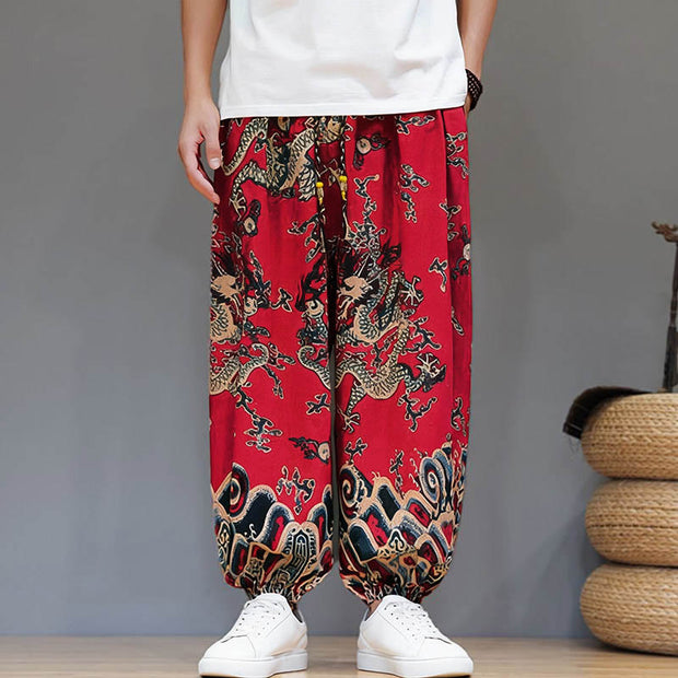 Buddha Stones Summer Dragon Drawstring Design Cotton Men's Harem Pants With Pockets - image 8