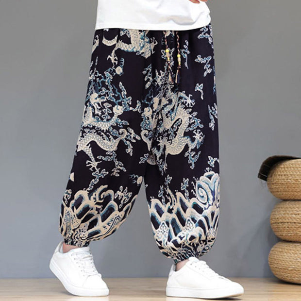 Buddha Stones Summer Dragon Drawstring Design Cotton Men's Harem Pants With Pockets - image 11