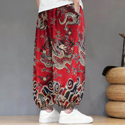 Buddha Stones Summer Dragon Drawstring Design Cotton Linen Men's Harem Pants With Pockets - image 4