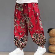 Buddha Stones Summer Dragon Drawstring Design Cotton Linen Men's Harem Pants With Pockets - image 1
