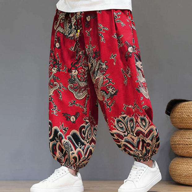 Buddha Stones Summer Dragon Drawstring Design Cotton Men's Harem Pants With Pockets - image 1