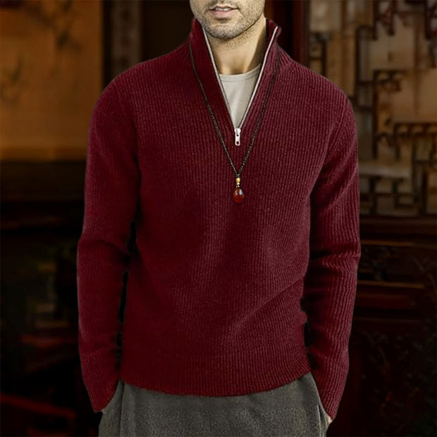 Buddha Stones Solid Color Ribbed Design Men's Knitted Long Sleeve Cotton Sweater - DarkRed - US/UK/AU46，EU56 (5XL) - image 5