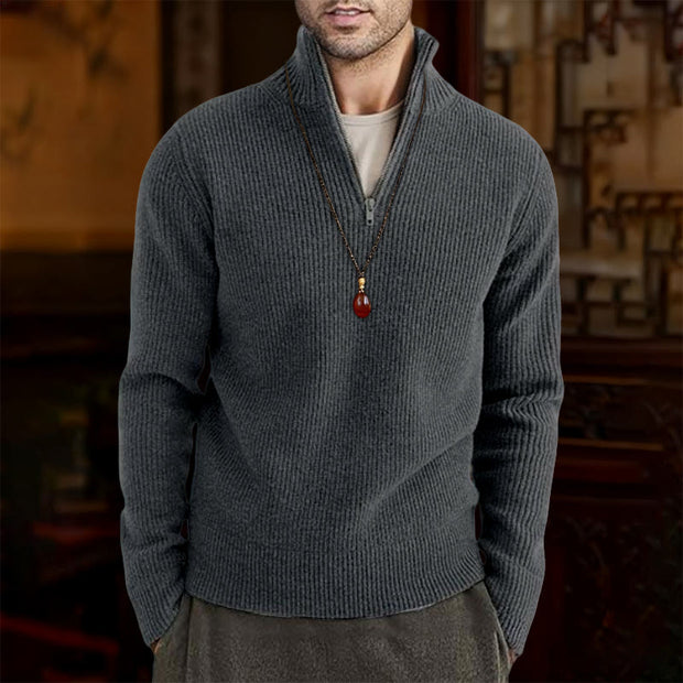 Buddha Stones Solid Color Ribbed Design Men's Knitted Long Sleeve Cotton Sweater - Gray - US/UK/AU46，EU56 (5XL) - image 1