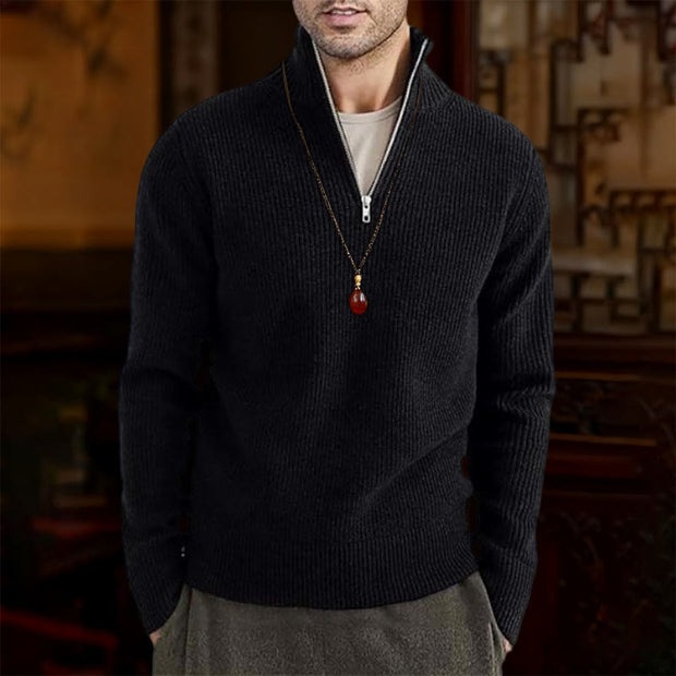 Buddha Stones Solid Color Ribbed Design Men's Knitted Long Sleeve Cotton Sweater - Black - US/UK/AU46，EU56 (5XL) - image 2