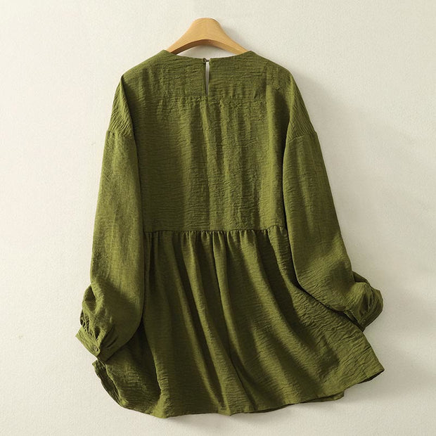 Buddha Stones Casual Olive Green Crew Neck Women's Cotton Long Sleeve Shirt - image 9