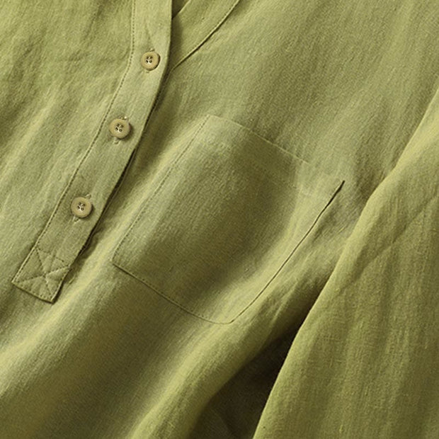 Buddha Stones Spring Dark Khaki Stand Collar Half Buttons Design Women's Long Sleeve Shirt - image 6