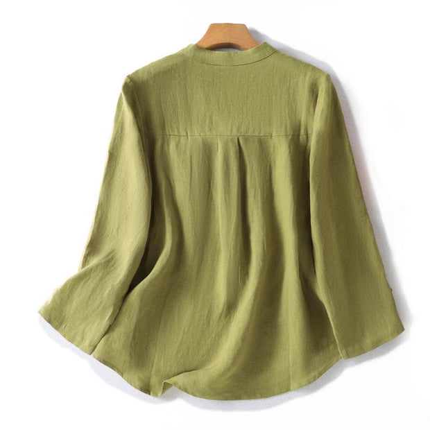 Buddha Stones Spring Dark Khaki Stand Collar Half Buttons Design Women's Long Sleeve Shirt - image 1