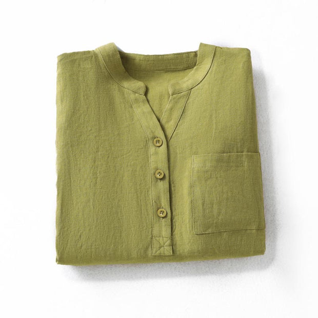 Buddha Stones Spring Dark Khaki Stand Collar Half Buttons Design Women's Long Sleeve Shirt - image 2