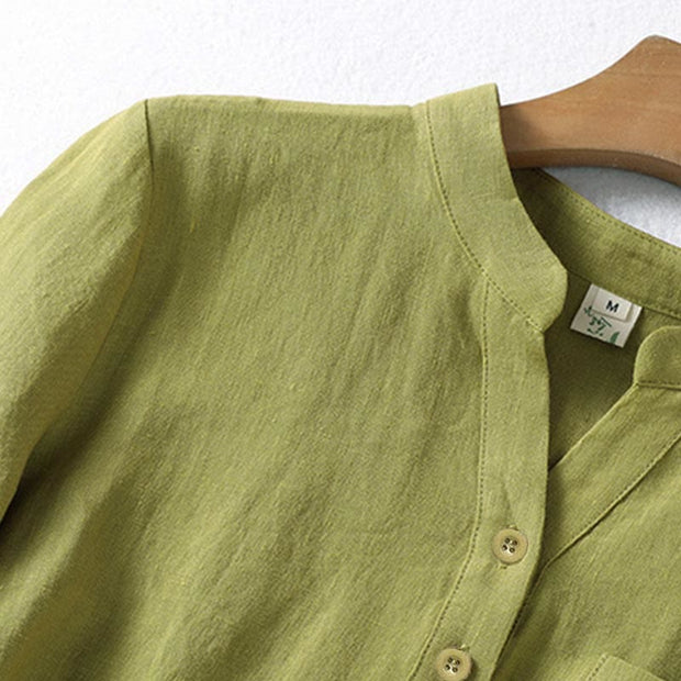 Buddha Stones Spring Dark Khaki Stand Collar Half Buttons Design Women's Long Sleeve Shirt - image 5